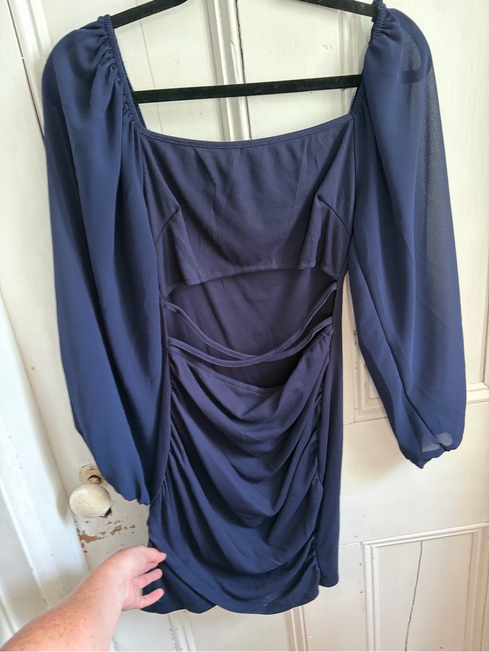Navy Long-Sleeve Ruched Mini Dress